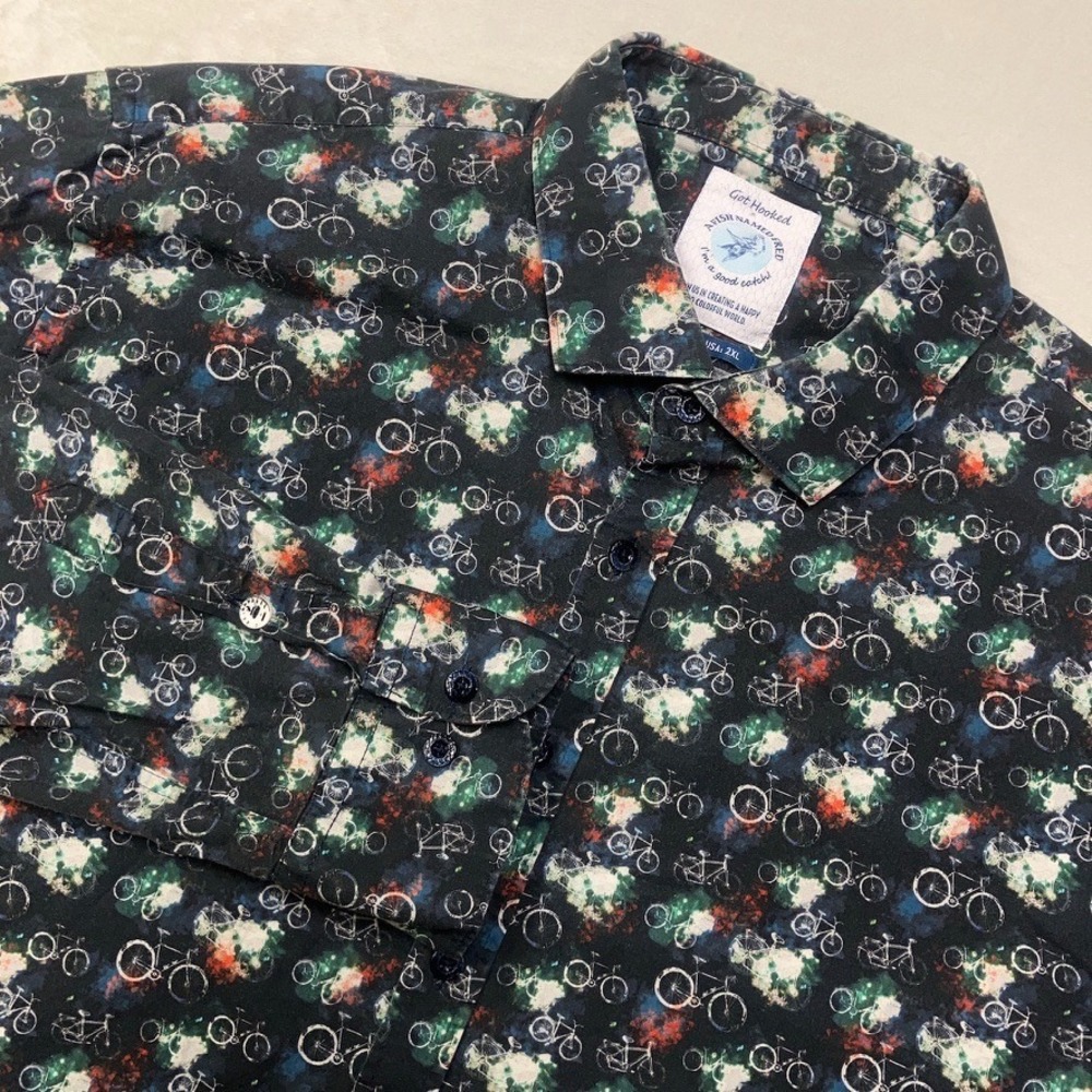 A Fish Named Fred Shirt Men's‎ 2XL Bicycle Bike Over Print Long Sleeve Button Up